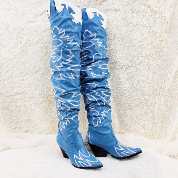 Turquoise Blue Embroidered White Western OTK Thigh High Slouch Cowboy Boots - Picture 6 of 15